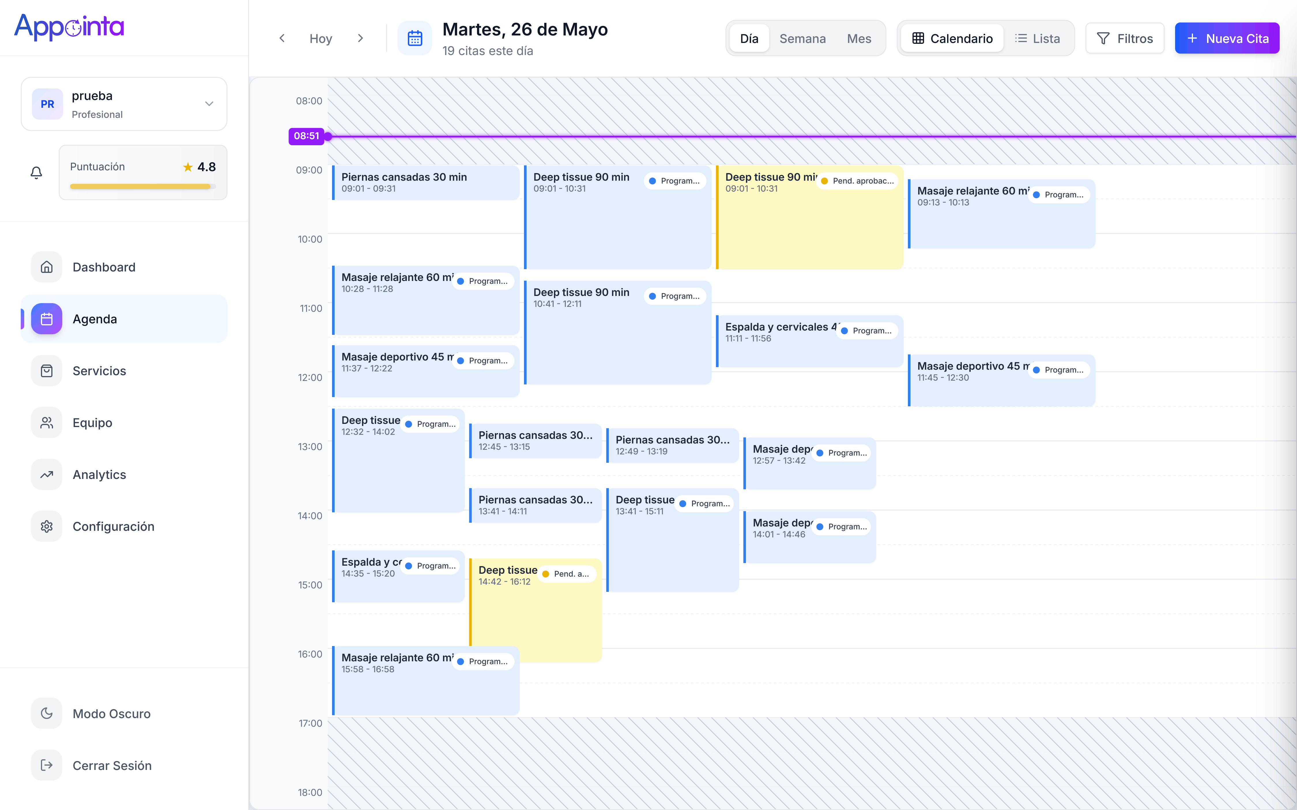 Calendario de citas con vistas día, semana y mes
